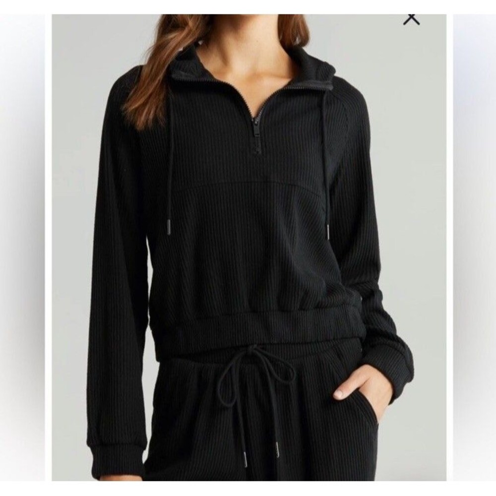 Zella Cozy Rib Half Zip Hoodie Black Medium